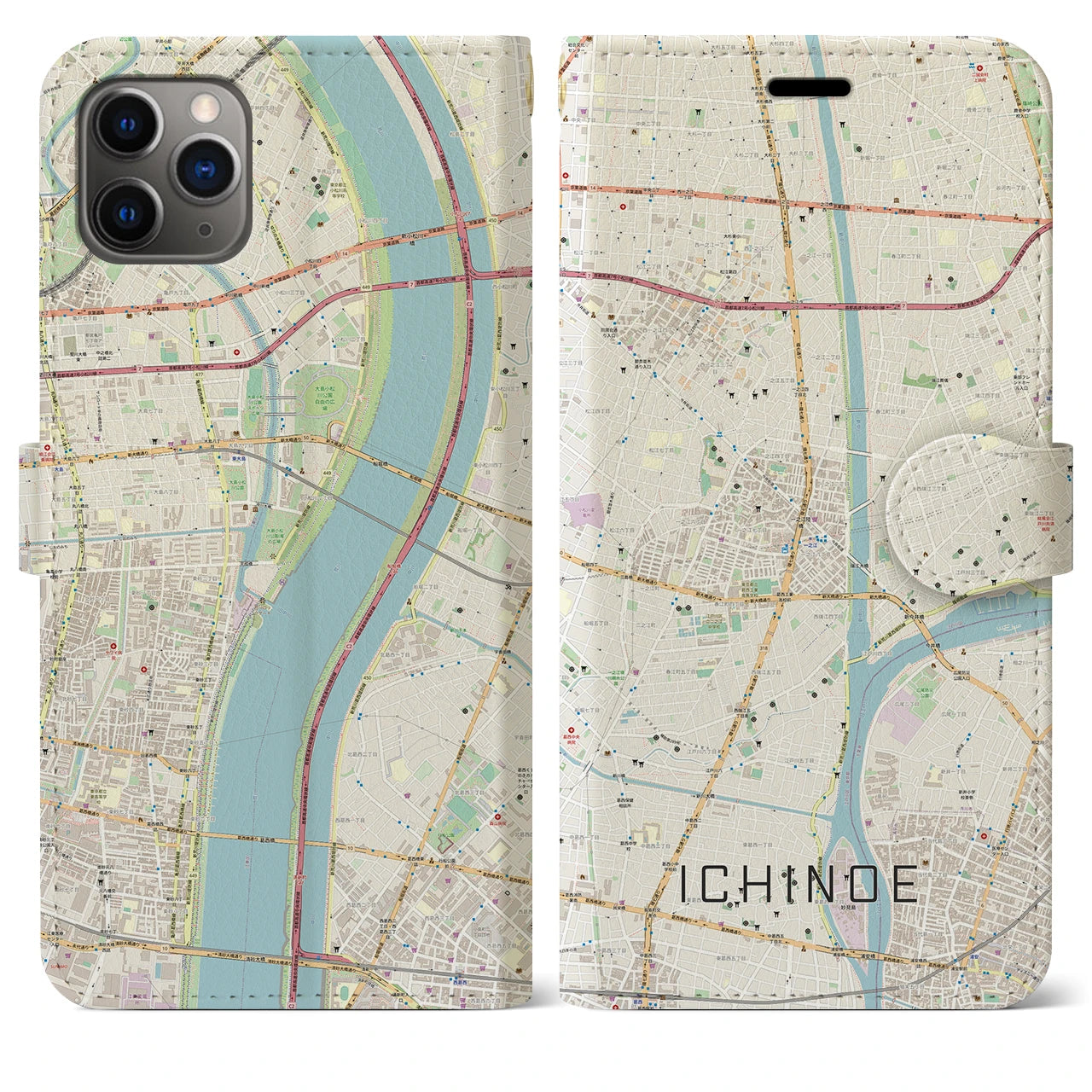 【一之江（東京都）】地図柄iPhoneケース（手帳タイプ）ナチュラル・iPhone 11 Pro Max 用