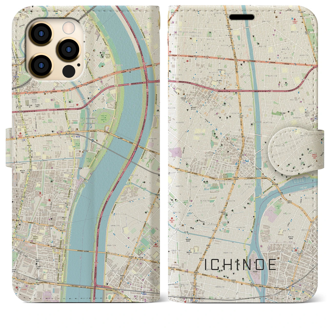 【一之江（東京都）】地図柄iPhoneケース（手帳タイプ）ナチュラル・iPhone 12 Pro Max 用