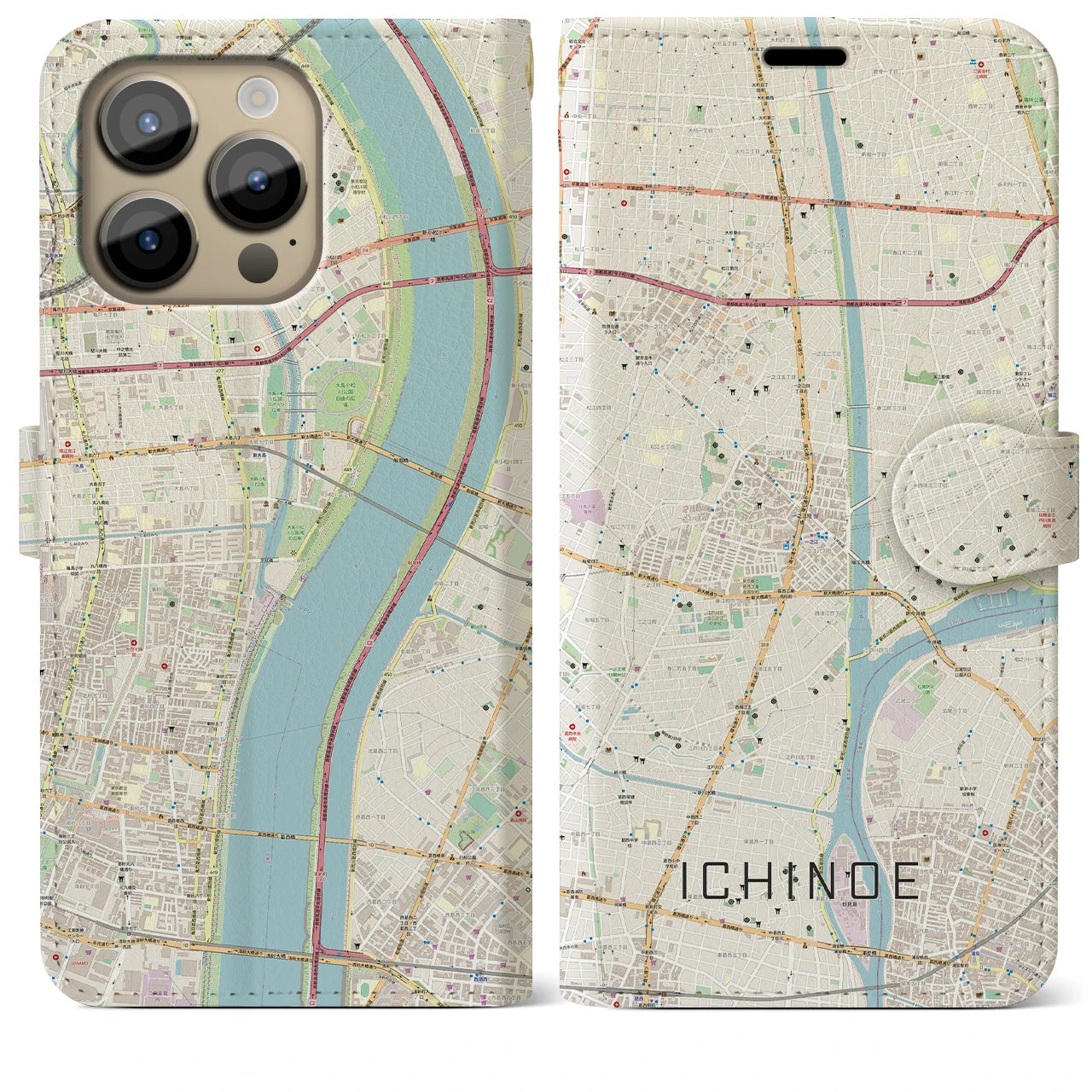 【一之江（東京都）】地図柄iPhoneケース（手帳タイプ）ナチュラル・iPhone 14 Pro Max 用