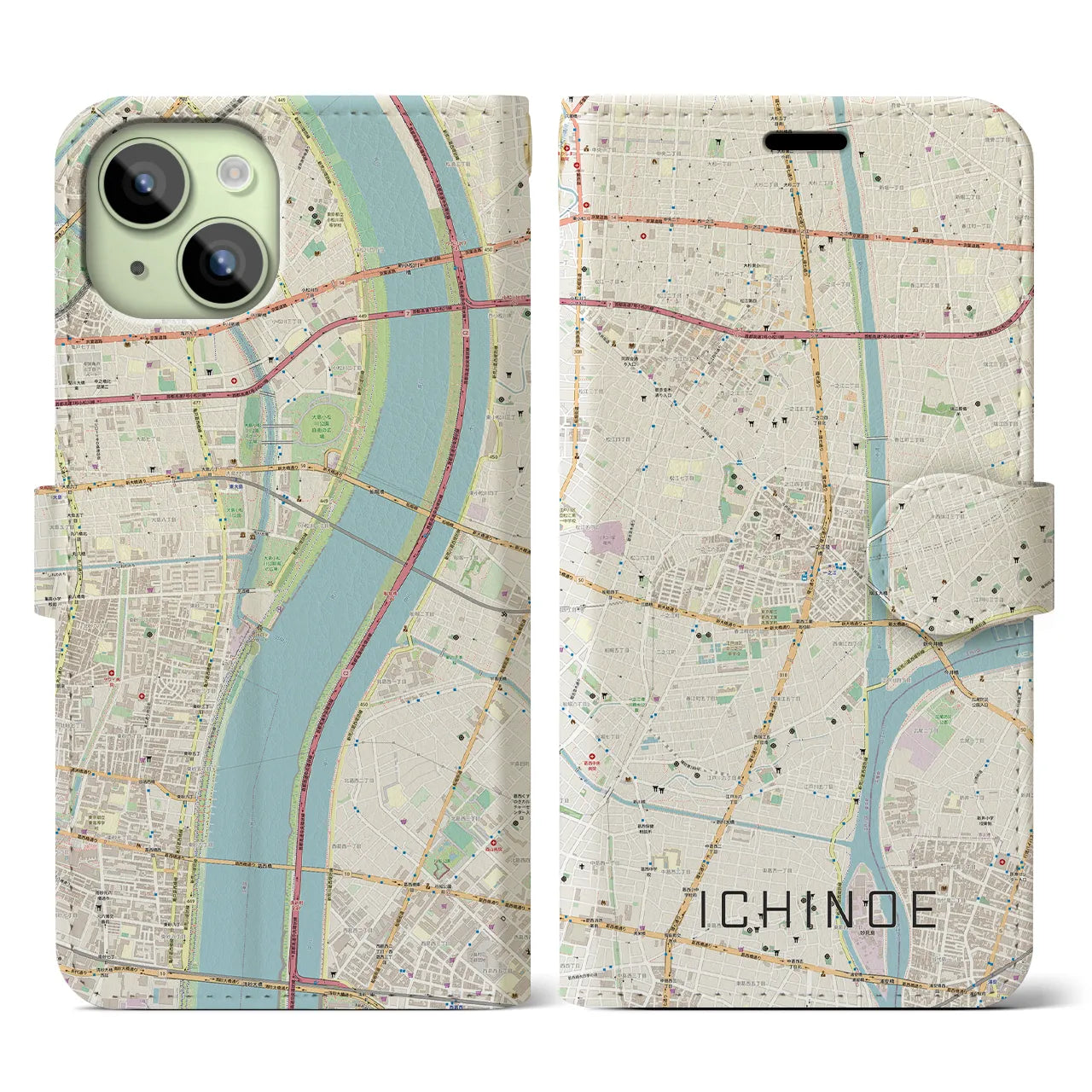 【一之江（東京都）】地図柄iPhoneケース（手帳タイプ）ナチュラル・iPhone 15 用