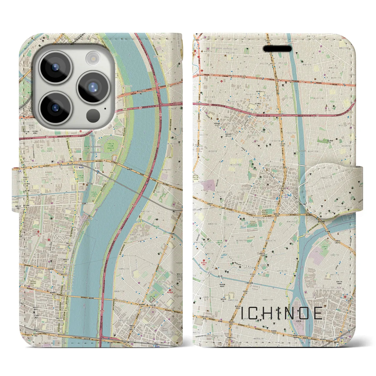 【一之江（東京都）】地図柄iPhoneケース（手帳タイプ）ナチュラル・iPhone 15 Pro 用