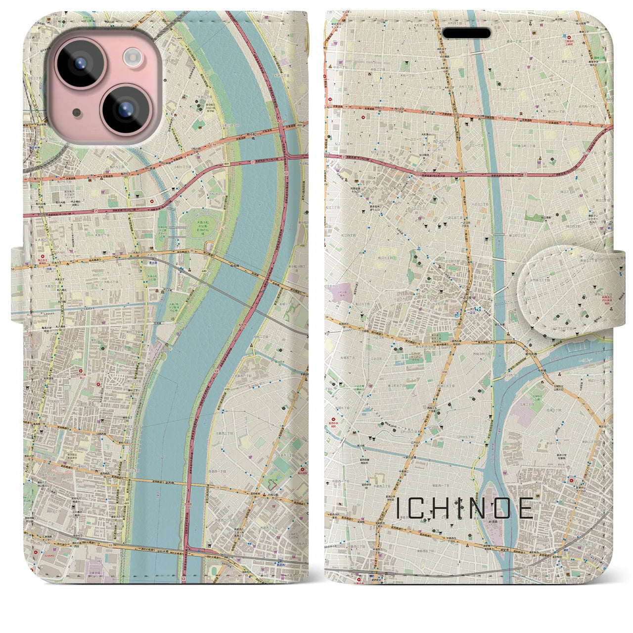 【一之江（東京都）】地図柄iPhoneケース（手帳タイプ）ナチュラル・iPhone 15 Plus 用