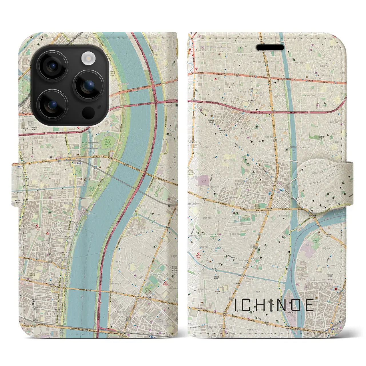 【一之江（東京都）】地図柄iPhoneケース（手帳タイプ）ナチュラル・iPhone 16 用