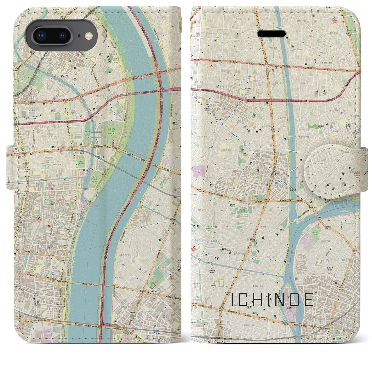 【一之江（東京都）】地図柄iPhoneケース（手帳タイプ）ナチュラル・iPhone 8Plus /7Plus / 6sPlus / 6Plus 用