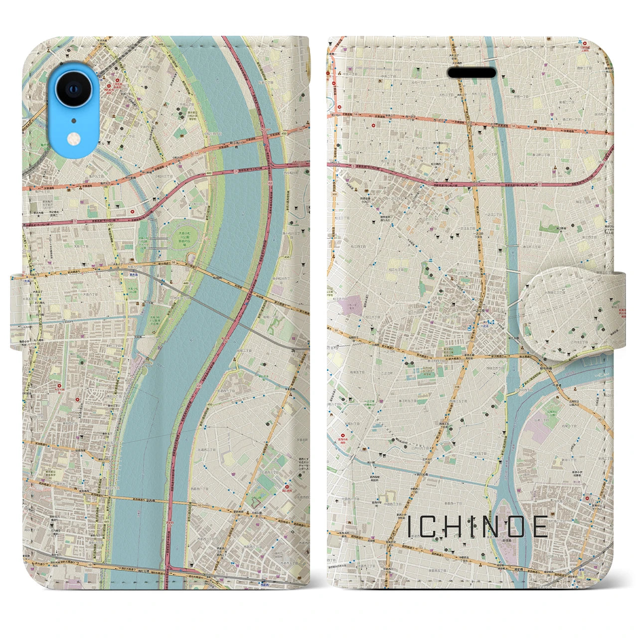 【一之江（東京都）】地図柄iPhoneケース（手帳タイプ）ナチュラル・iPhone XR 用