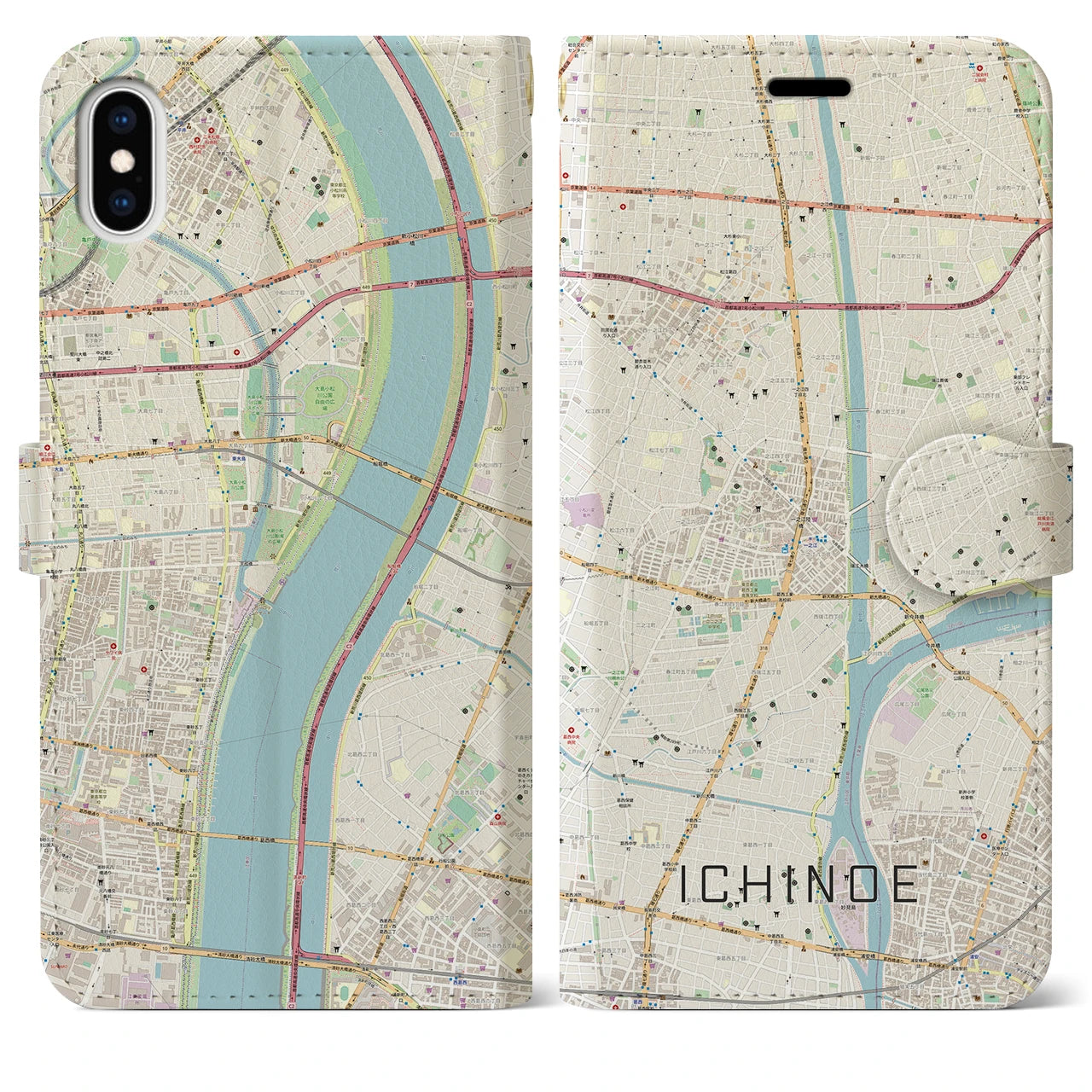 【一之江（東京都）】地図柄iPhoneケース（手帳タイプ）ナチュラル・iPhone XS Max 用