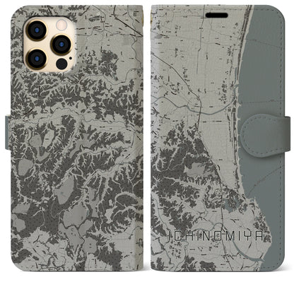 【一宮（千葉県）】地図柄iPhoneケース（手帳タイプ）モノトーン・iPhone 12 Pro Max 用