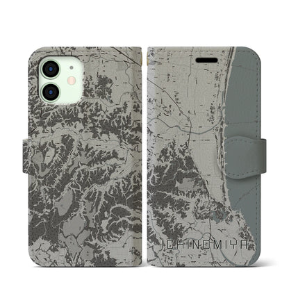 【一宮（千葉県）】地図柄iPhoneケース（手帳タイプ）モノトーン・iPhone 12 mini 用