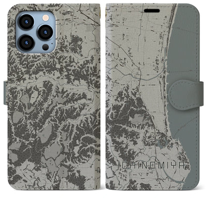 【一宮（千葉県）】地図柄iPhoneケース（手帳タイプ）モノトーン・iPhone 13 Pro Max 用