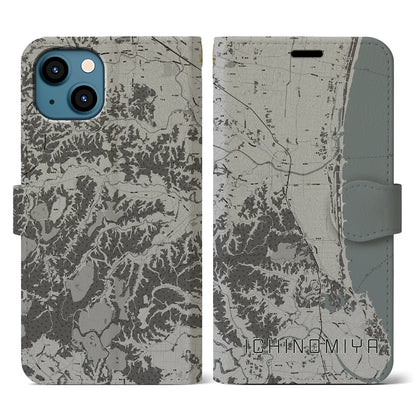 【一宮（千葉県）】地図柄iPhoneケース（手帳タイプ）モノトーン・iPhone 13 用