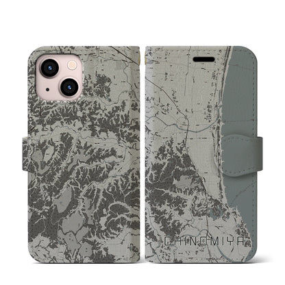 【一宮（千葉県）】地図柄iPhoneケース（手帳タイプ）モノトーン・iPhone 13 mini 用