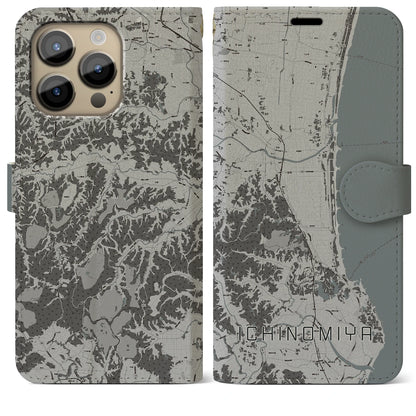 【一宮（千葉県）】地図柄iPhoneケース（手帳タイプ）モノトーン・iPhone 14 Pro Max 用
