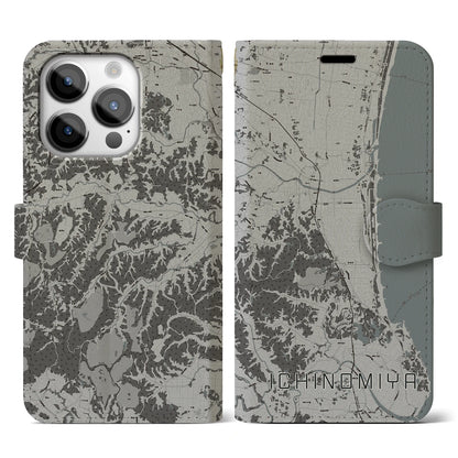 【一宮（千葉県）】地図柄iPhoneケース（手帳タイプ）モノトーン・iPhone 14 Pro 用