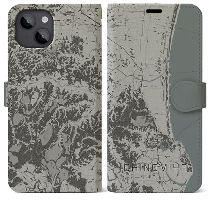 【一宮（千葉県）】地図柄iPhoneケース（手帳タイプ）モノトーン・iPhone 14 Plus 用