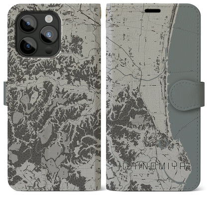 【一宮（千葉県）】地図柄iPhoneケース（手帳タイプ）モノトーン・iPhone 15 Pro Max 用