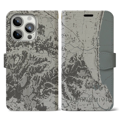 【一宮（千葉県）】地図柄iPhoneケース（手帳タイプ）モノトーン・iPhone 15 Pro 用