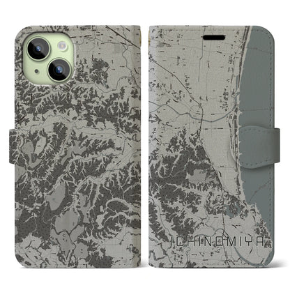 【一宮（千葉県）】地図柄iPhoneケース（手帳タイプ）モノトーン・iPhone 15 用