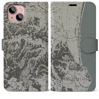 【一宮（千葉県）】地図柄iPhoneケース（手帳タイプ）モノトーン・iPhone 15 Plus 用