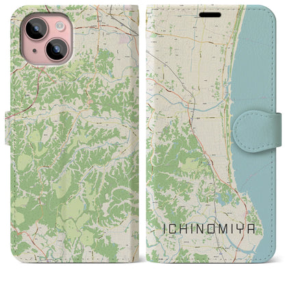 【一宮（千葉県）】地図柄iPhoneケース（手帳タイプ）ナチュラル・iPhone 15 Plus 用