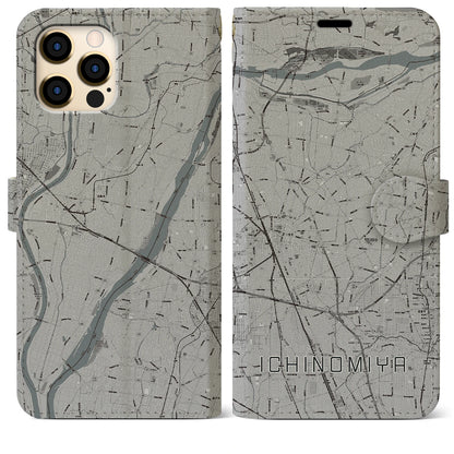 【一宮（愛知県）】地図柄iPhoneケース（手帳タイプ）モノトーン・iPhone 12 Pro Max 用