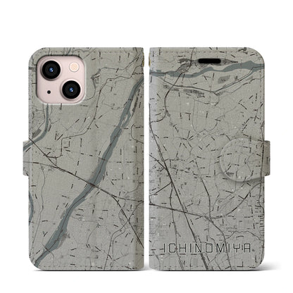 【一宮（愛知県）】地図柄iPhoneケース（手帳タイプ）モノトーン・iPhone 13 mini 用