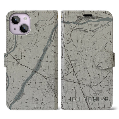 【一宮（愛知県）】地図柄iPhoneケース（手帳タイプ）モノトーン・iPhone 14 用