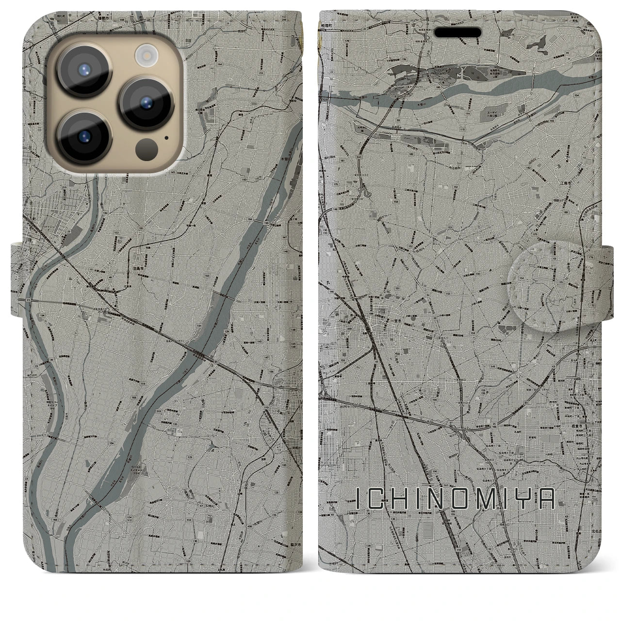 【一宮】地図柄iPhoneケース（手帳両面タイプ・モノトーン）iPhone 14 Pro Max 用