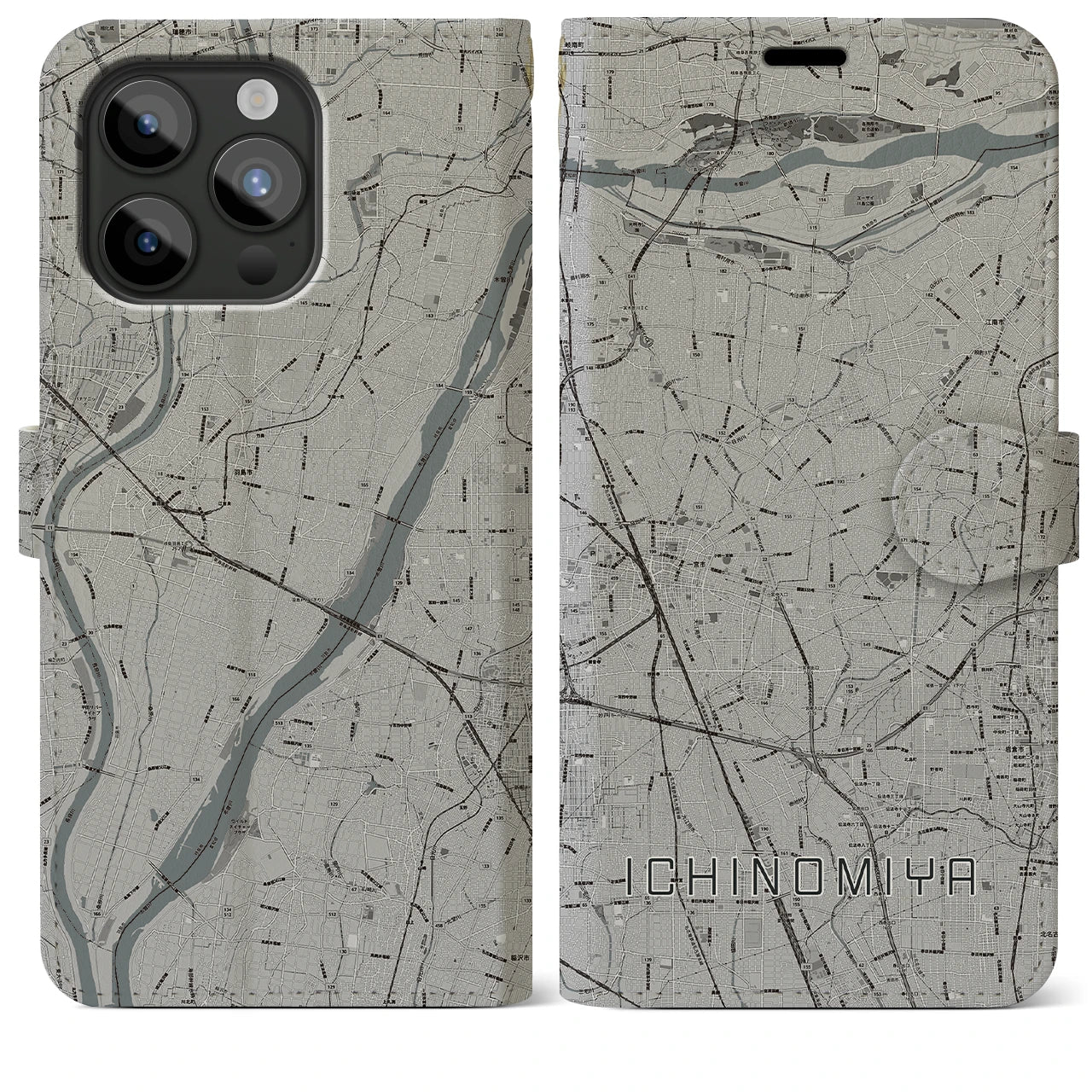 【一宮】地図柄iPhoneケース（手帳両面タイプ・モノトーン）iPhone 15 Pro Max 用