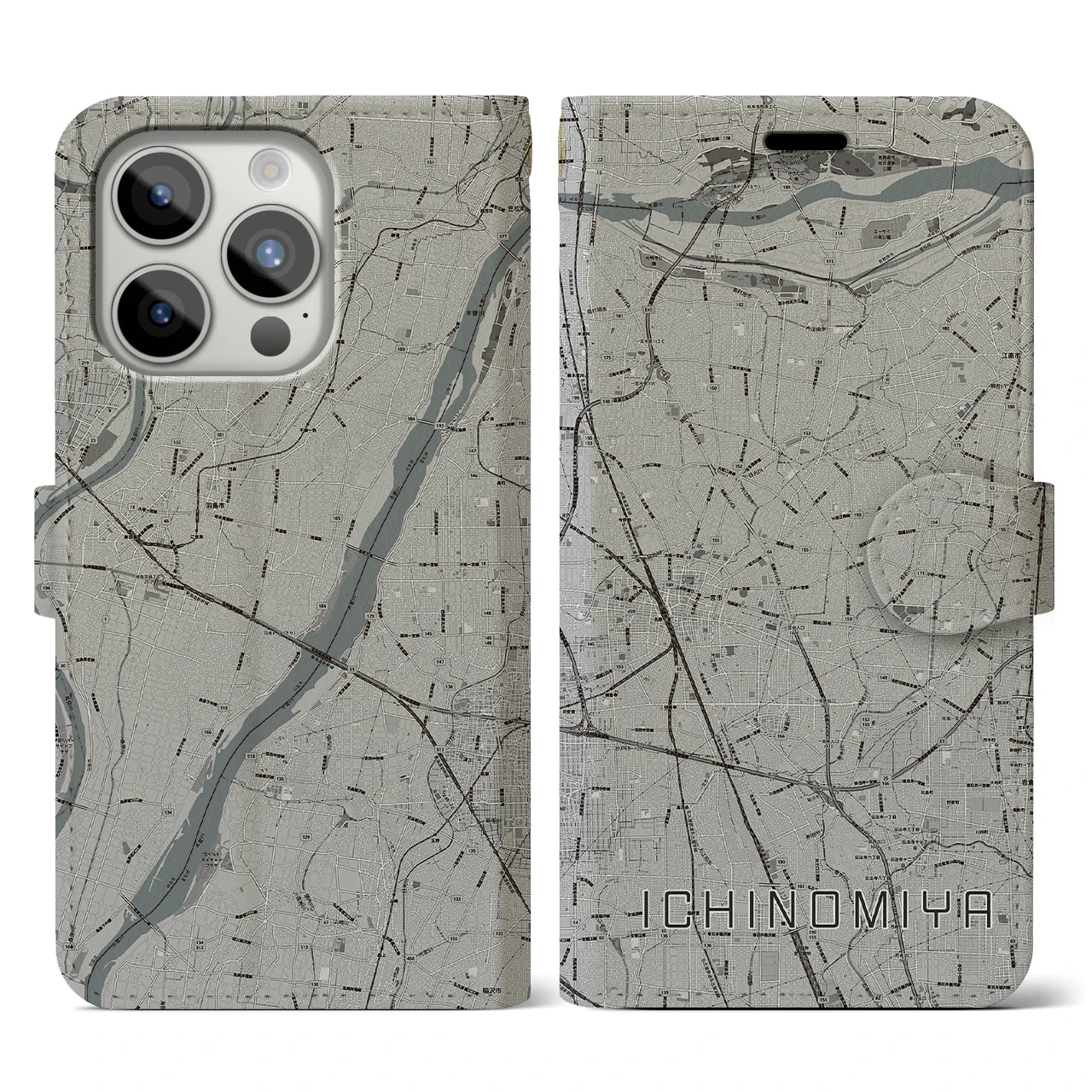 【一宮】地図柄iPhoneケース（手帳両面タイプ・モノトーン）iPhone 15 Pro 用