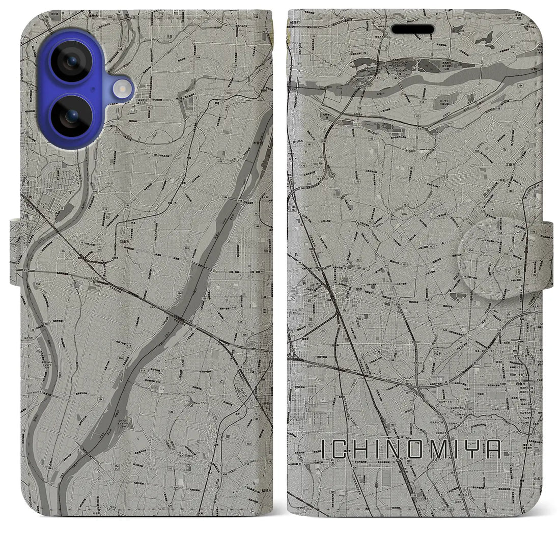 【一宮(愛知県)】地図柄iPhoneケース(手帳タイプ)モノトーン・iPhone 16 Pro Max 用