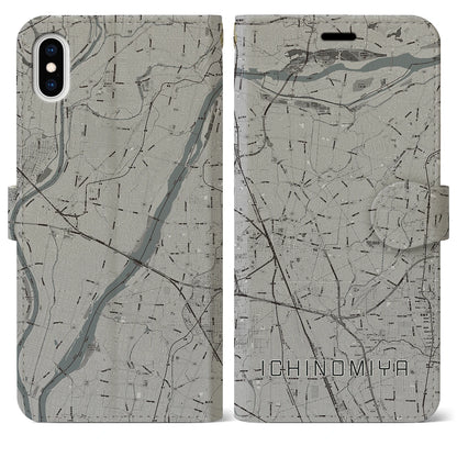 【一宮（愛知県）】地図柄iPhoneケース（手帳タイプ）モノトーン・iPhone XS Max 用