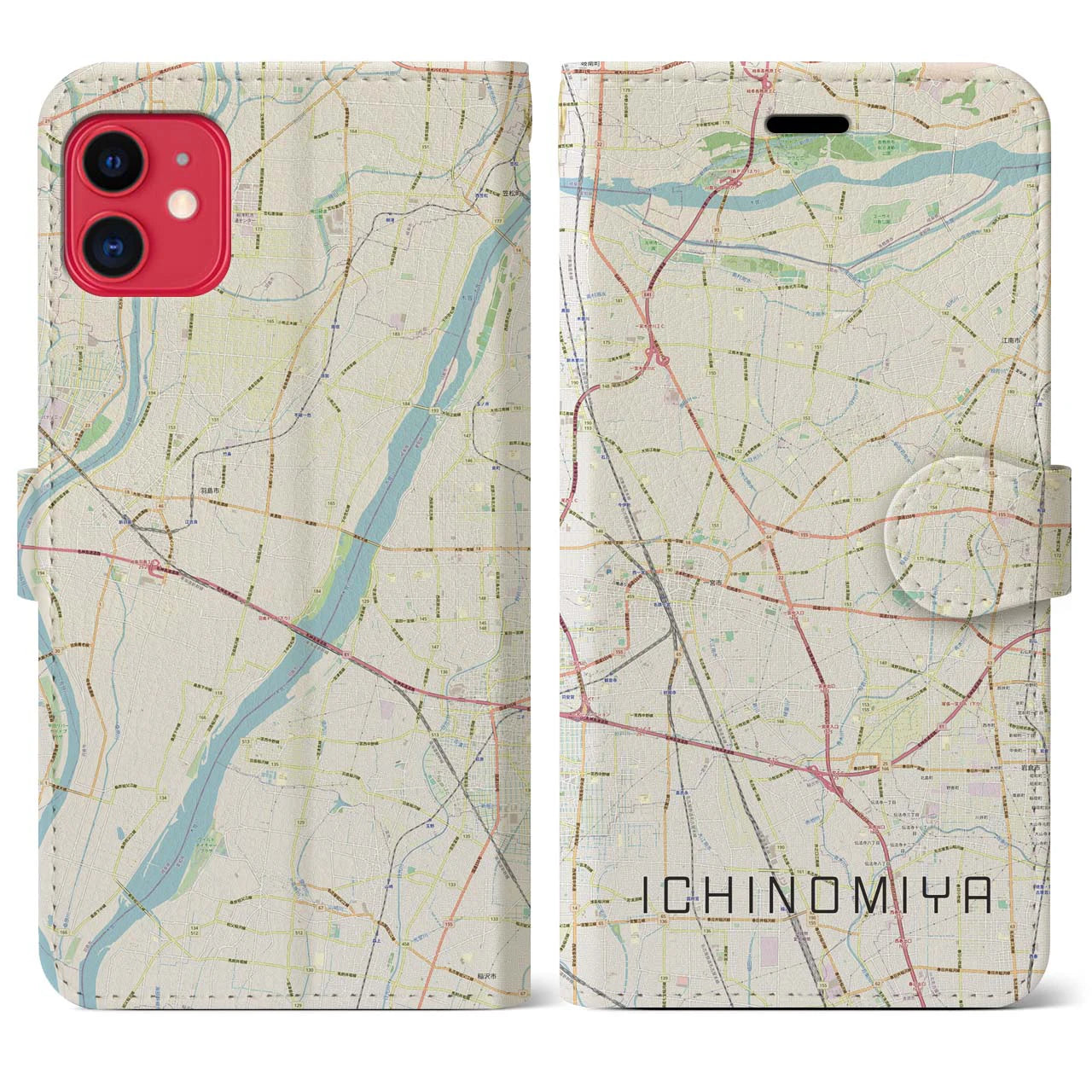 【一宮（愛知県）】地図柄iPhoneケース（手帳タイプ）ナチュラル・iPhone 11 用