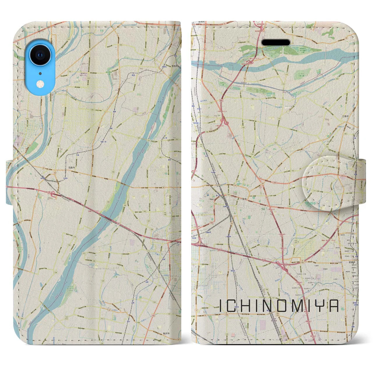 【一宮（愛知県）】地図柄iPhoneケース（手帳タイプ）ナチュラル・iPhone XR 用