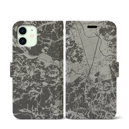 【一関（岩手県）】地図柄iPhoneケース（手帳タイプ）モノトーン・iPhone 12 mini 用