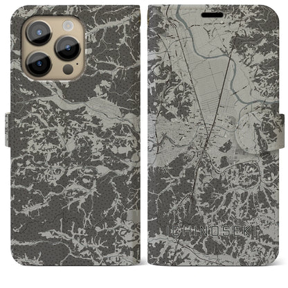 【一関（岩手県）】地図柄iPhoneケース（手帳タイプ）モノトーン・iPhone 14 Pro Max 用