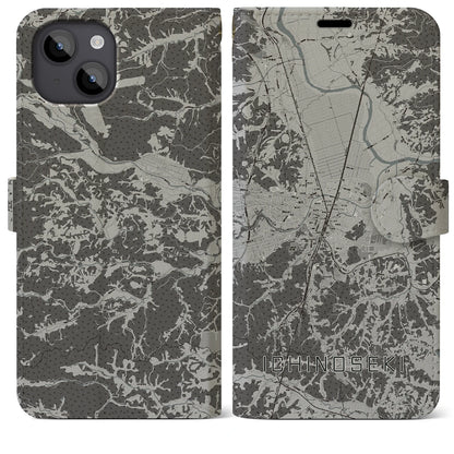 【一関（岩手県）】地図柄iPhoneケース（手帳タイプ）モノトーン・iPhone 14 Plus 用