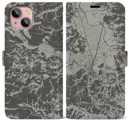 【一関（岩手県）】地図柄iPhoneケース（手帳タイプ）モノトーン・iPhone 15 Plus 用