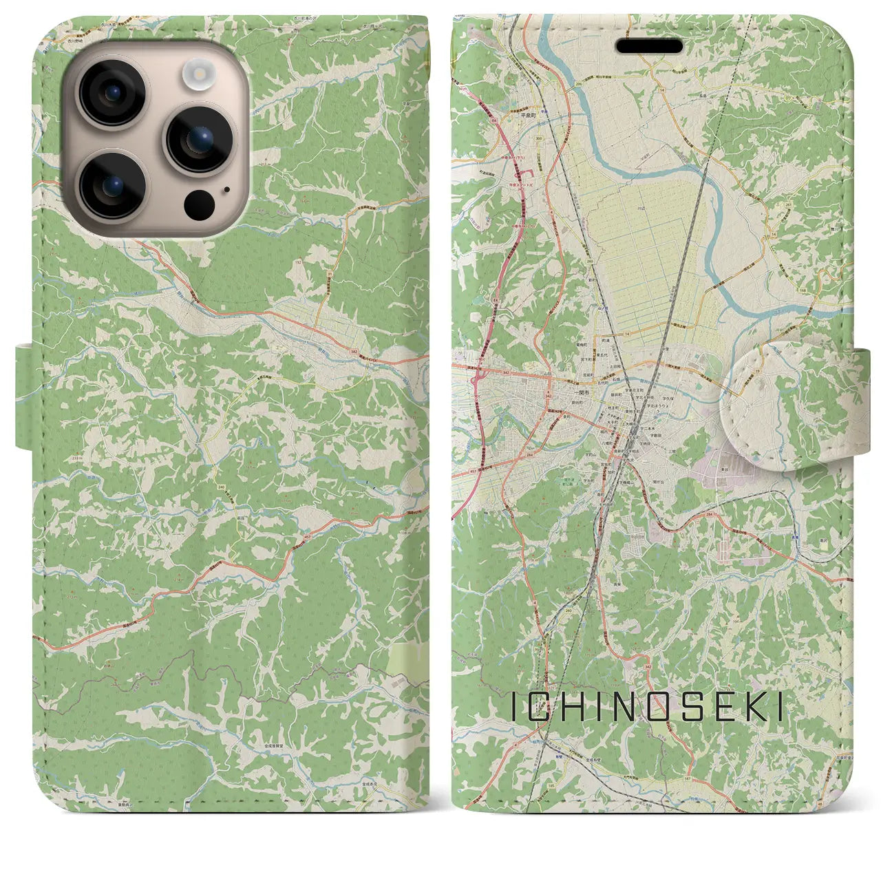 【一関（岩手県）】地図柄iPhoneケース（手帳タイプ）ナチュラル・iPhone 16 Plus 用