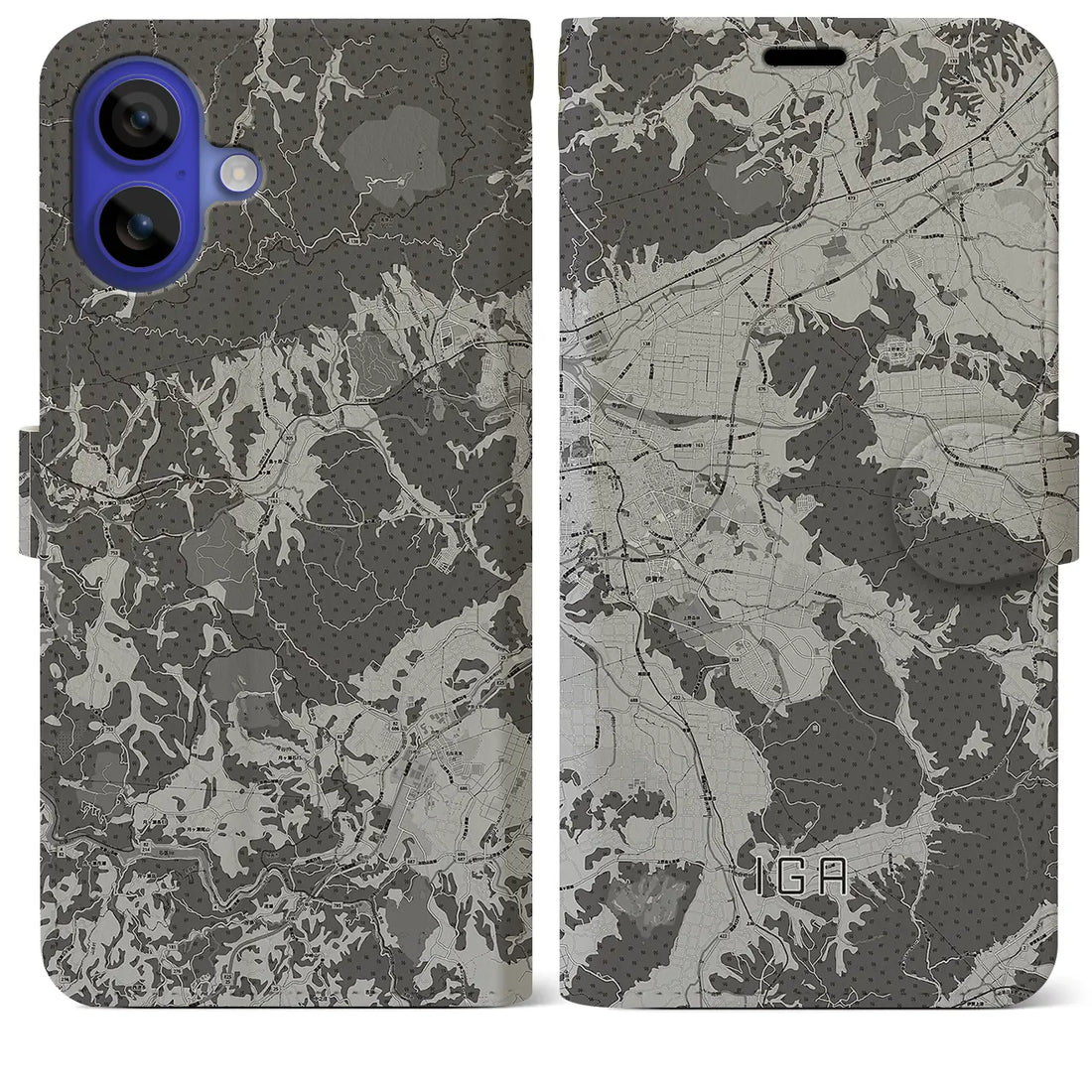 【伊賀(三重県)】地図柄iPhoneケース(手帳タイプ)モノトーン・iPhone 16 Pro Max 用