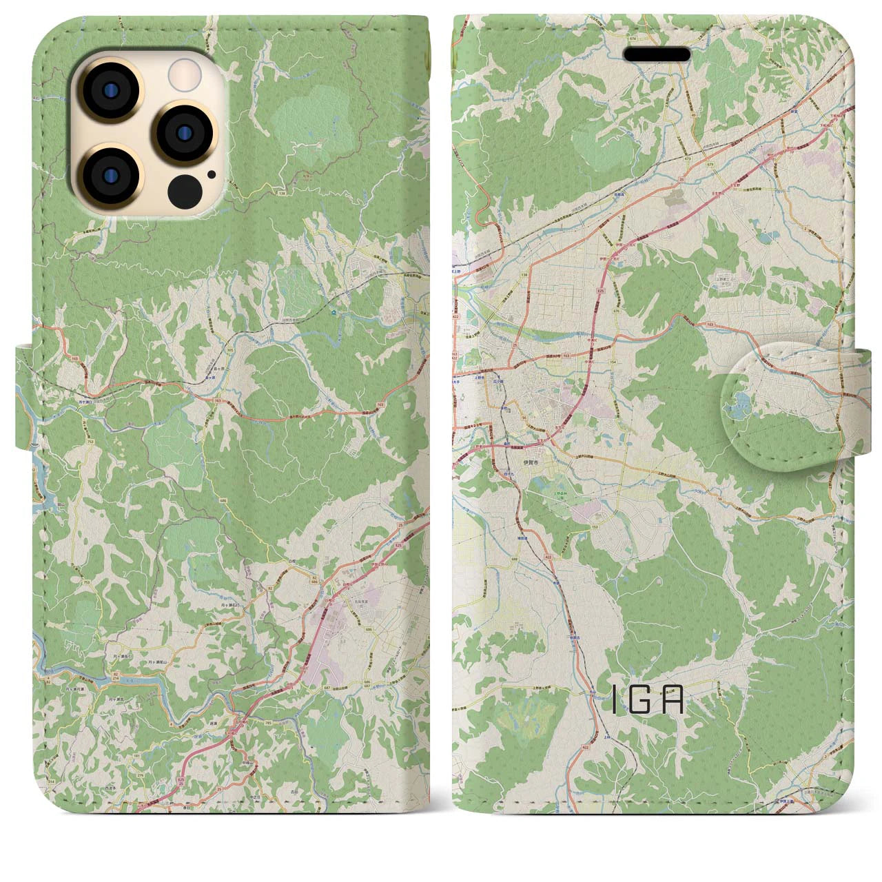 【伊賀（三重県）】地図柄iPhoneケース（手帳タイプ）ナチュラル・iPhone 12 Pro Max 用