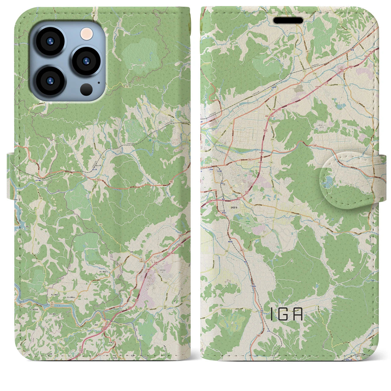 【伊賀（三重県）】地図柄iPhoneケース（手帳タイプ）ナチュラル・iPhone 13 Pro Max 用