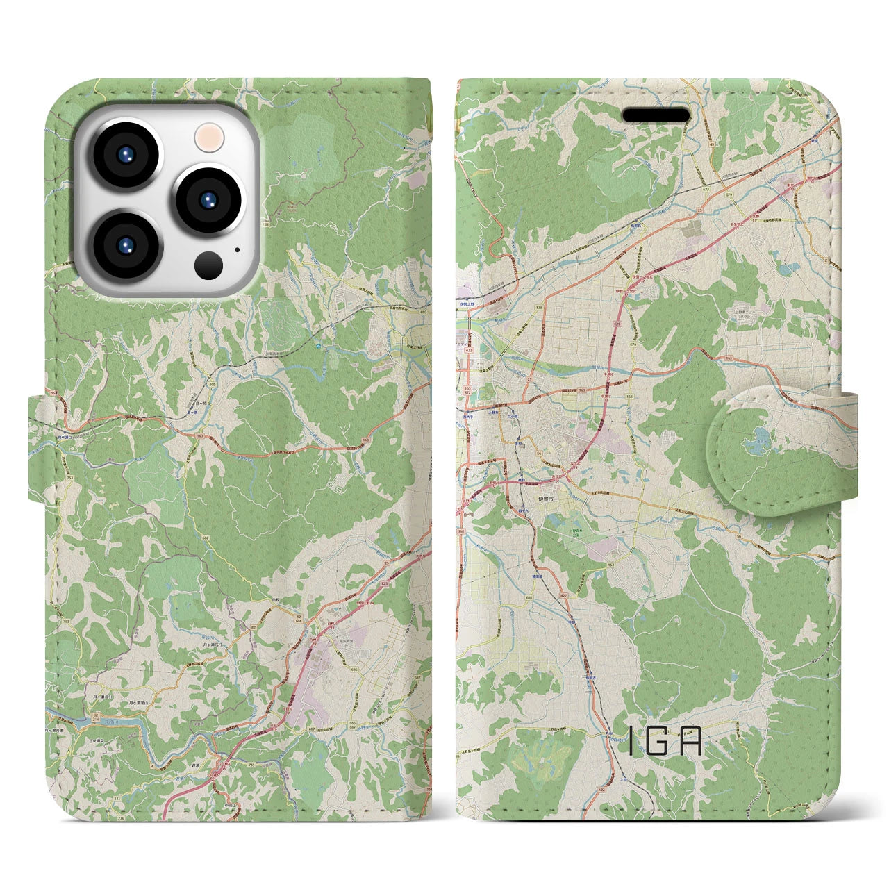 【伊賀（三重県）】地図柄iPhoneケース（手帳タイプ）ナチュラル・iPhone 13 Pro 用