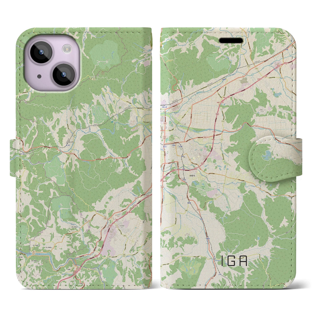 【伊賀（三重県）】地図柄iPhoneケース（手帳タイプ）ナチュラル・iPhone 14 用