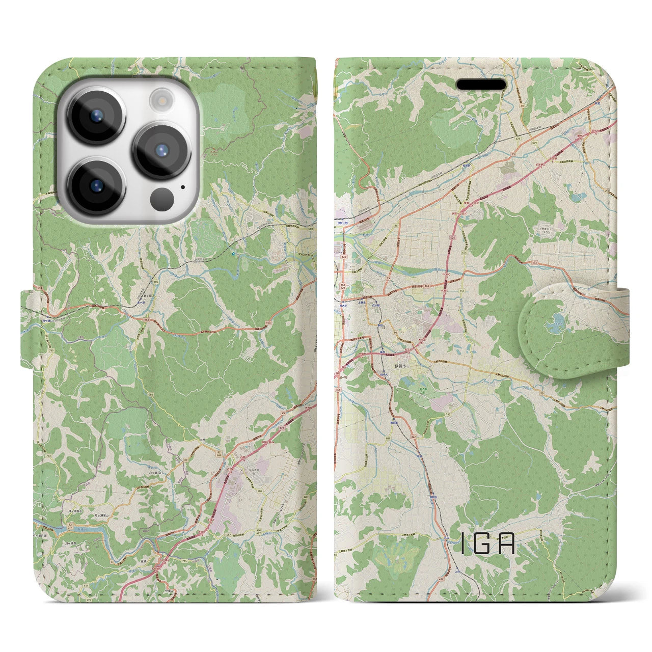 【伊賀（三重県）】地図柄iPhoneケース（手帳タイプ）ナチュラル・iPhone 14 Pro 用