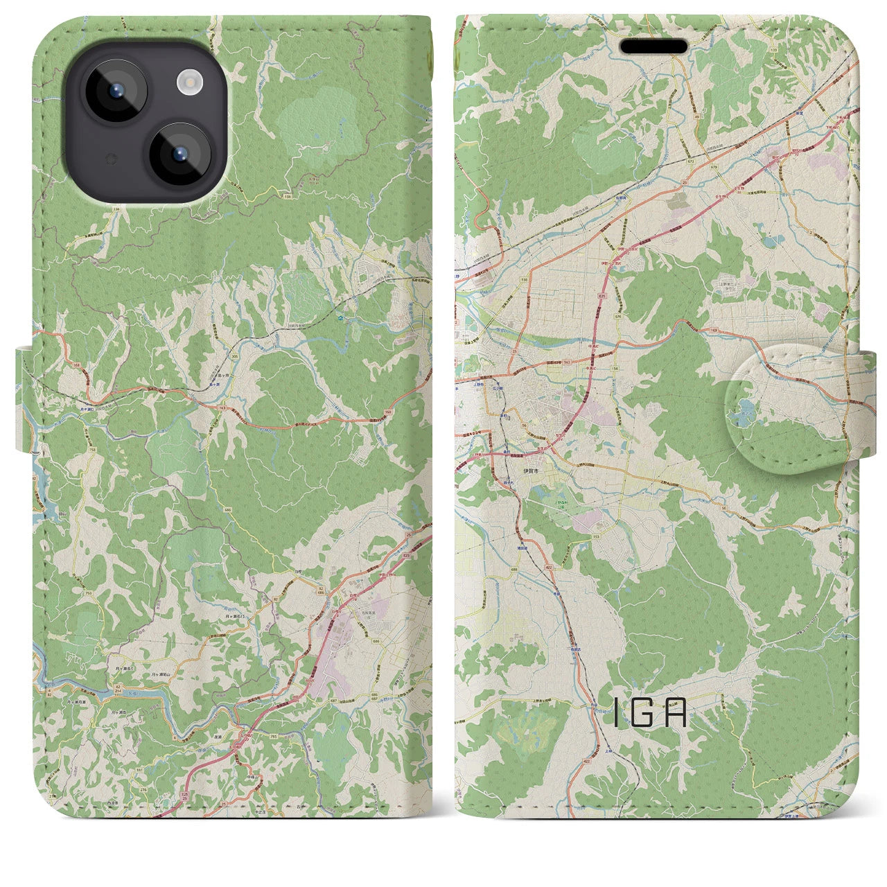 【伊賀（三重県）】地図柄iPhoneケース（手帳タイプ）ナチュラル・iPhone 14 Plus 用