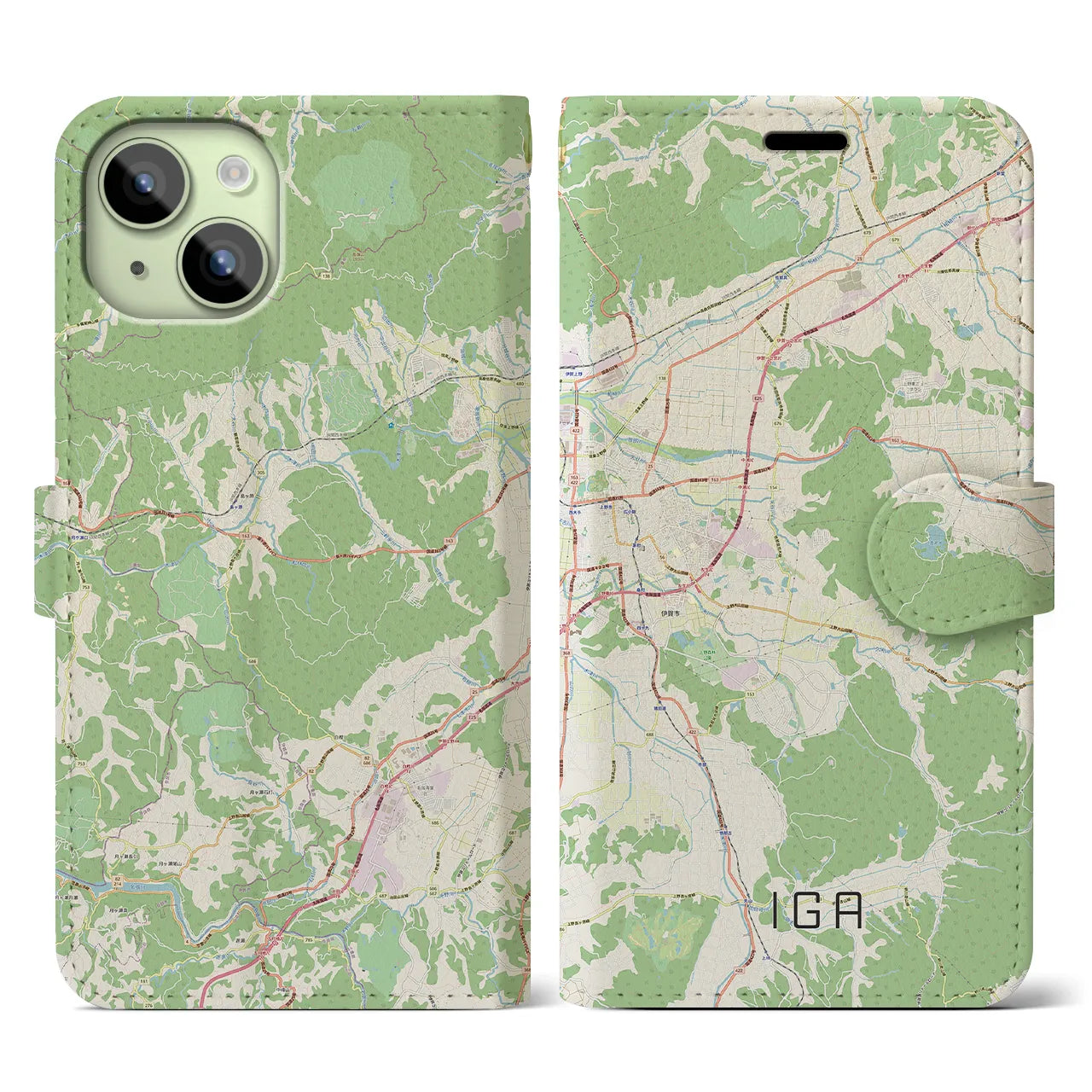 【伊賀（三重県）】地図柄iPhoneケース（手帳タイプ）ナチュラル・iPhone 15 用