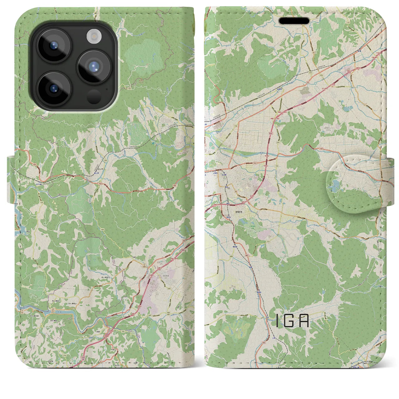 【伊賀（三重県）】地図柄iPhoneケース（手帳タイプ）ナチュラル・iPhone 15 Pro Max 用