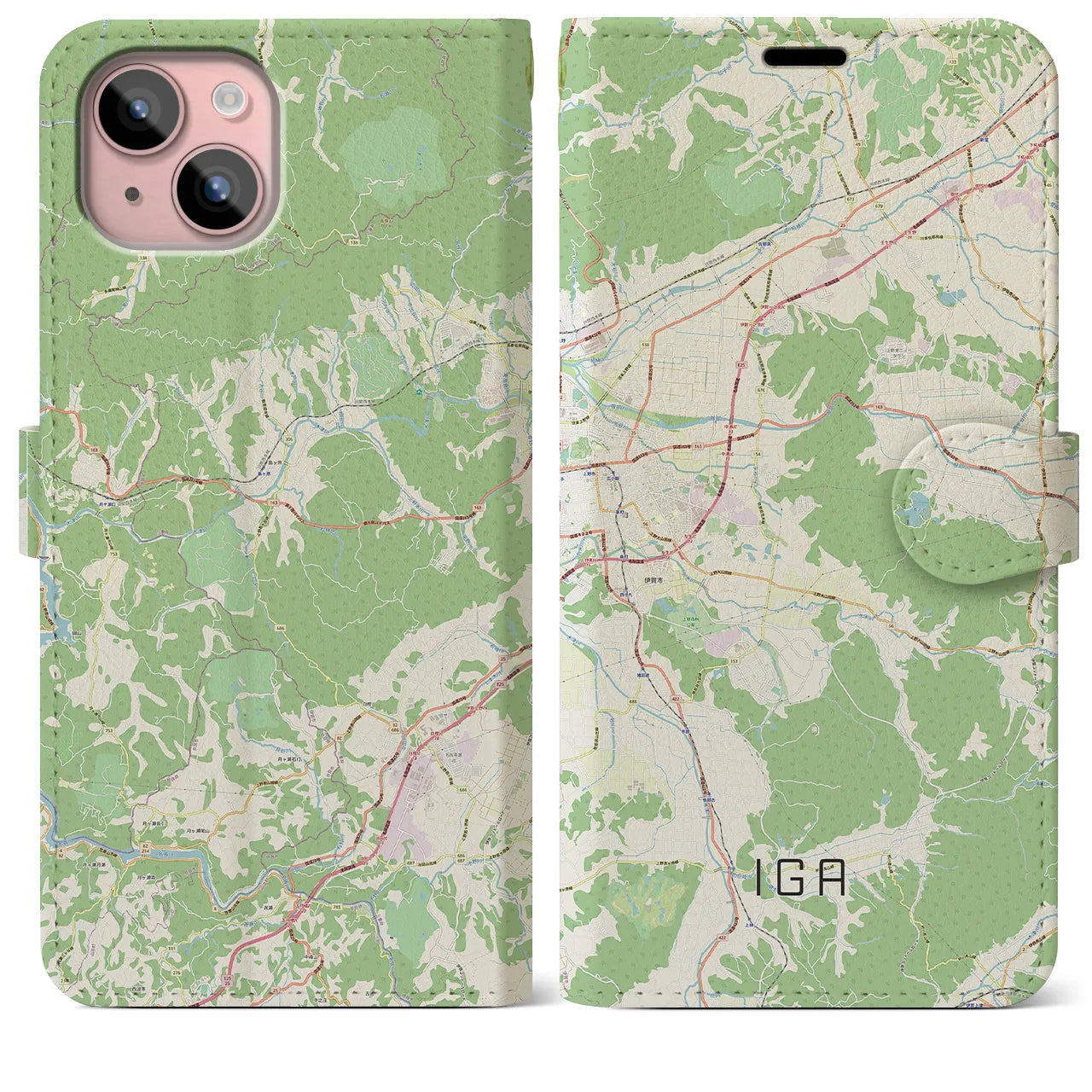 【伊賀（三重県）】地図柄iPhoneケース（手帳タイプ）ナチュラル・iPhone 15 Plus 用