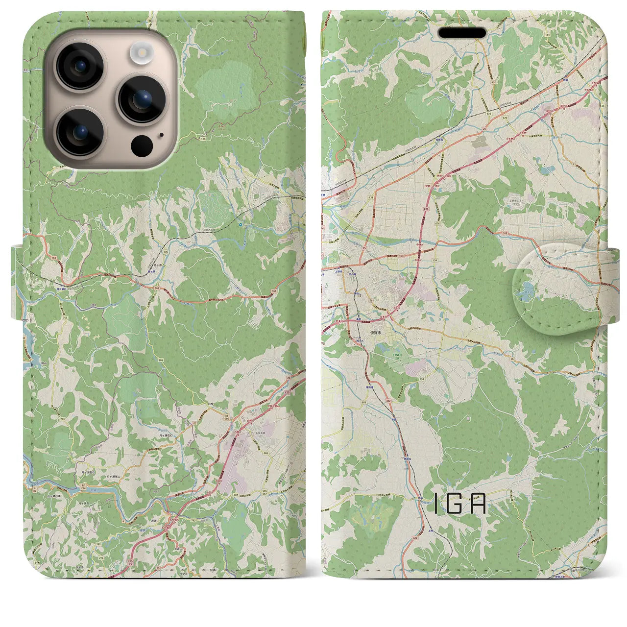 【伊賀（三重県）】地図柄iPhoneケース（手帳タイプ）ナチュラル・iPhone 16 Plus 用