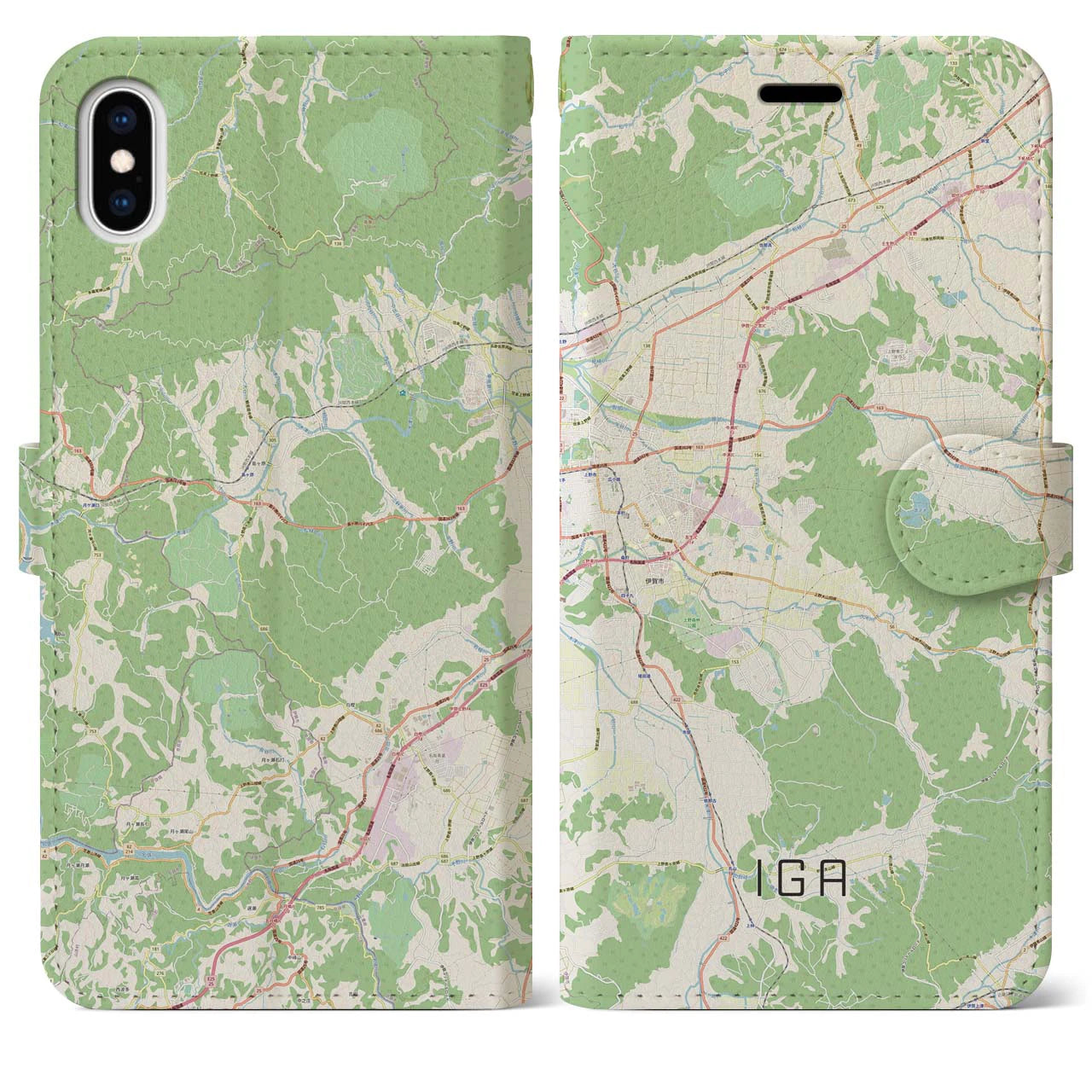 【伊賀（三重県）】地図柄iPhoneケース（手帳タイプ）ナチュラル・iPhone XS Max 用